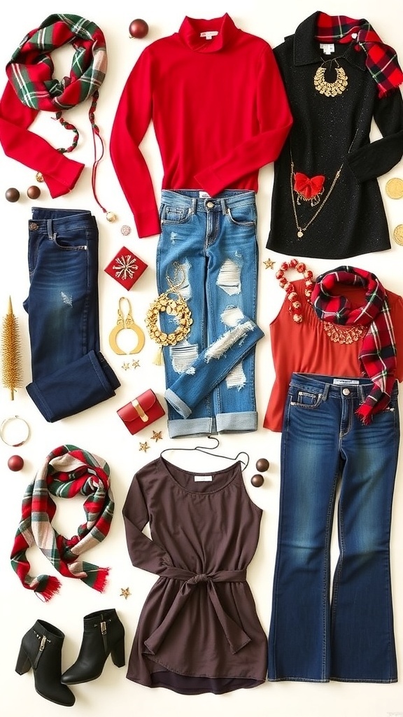 Flat lay of Christmas party outfits with jeans, featuring festive tops and accessories.